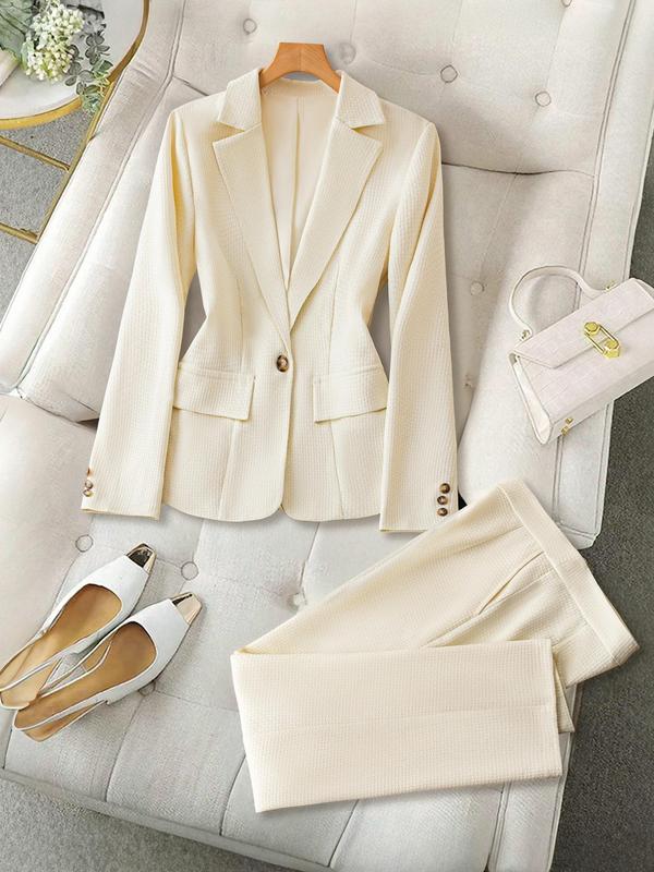 Two-Piece Set Women's Solid Color Flap Detail Button Front Blazer & Pocket Pants Suit Set, Elegant Lapel Neck Long Sleeve Outerwear & Trousers for Work Office Business, Ladies Fall & Winter Clothes